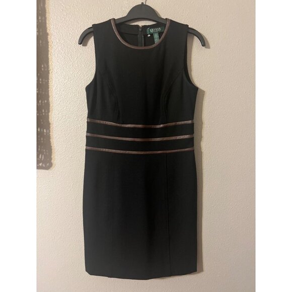 Ralph Lauren Sheath Dress 8 Black Brown Leather Trim Career Stretch Sleeveless - Picture 6 of 6